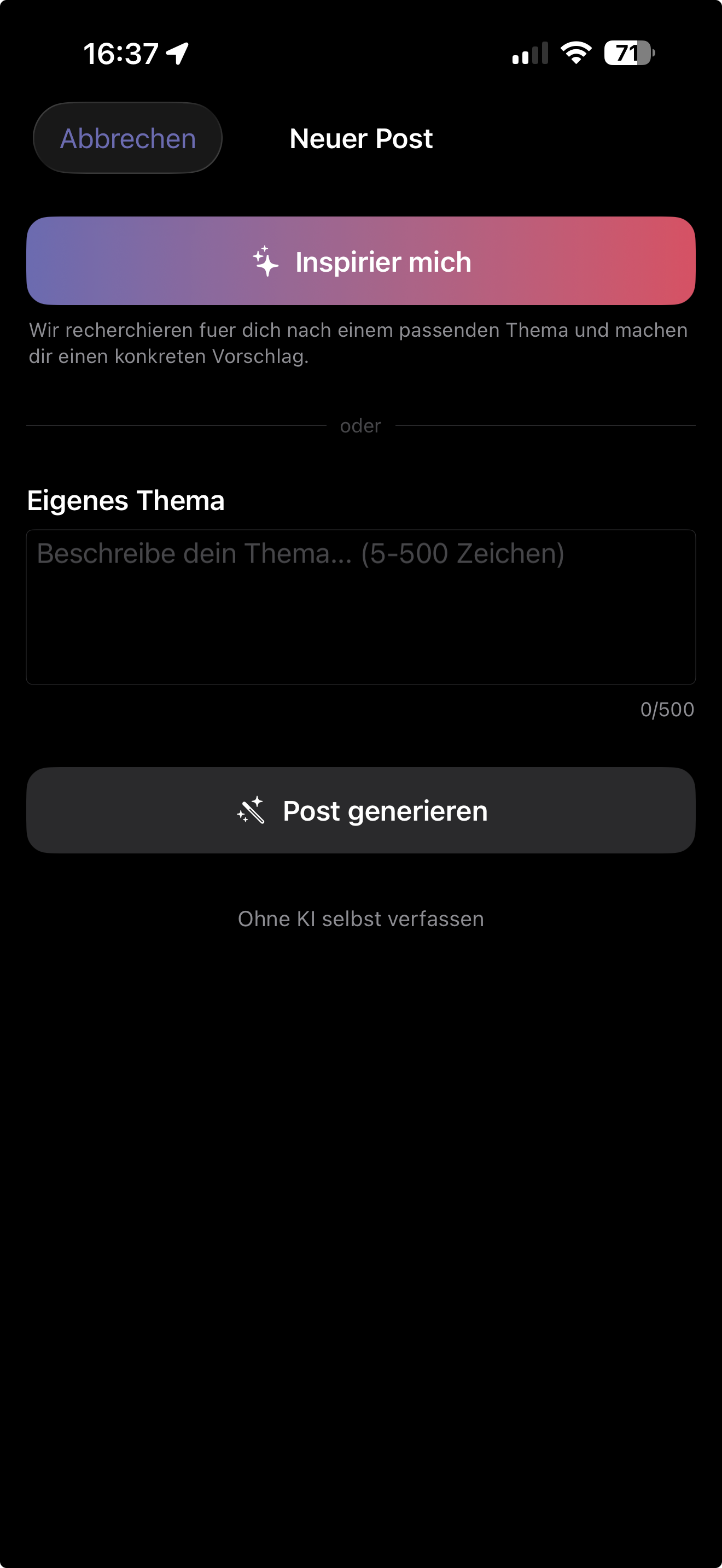 Thema eingeben in der Reichweite App