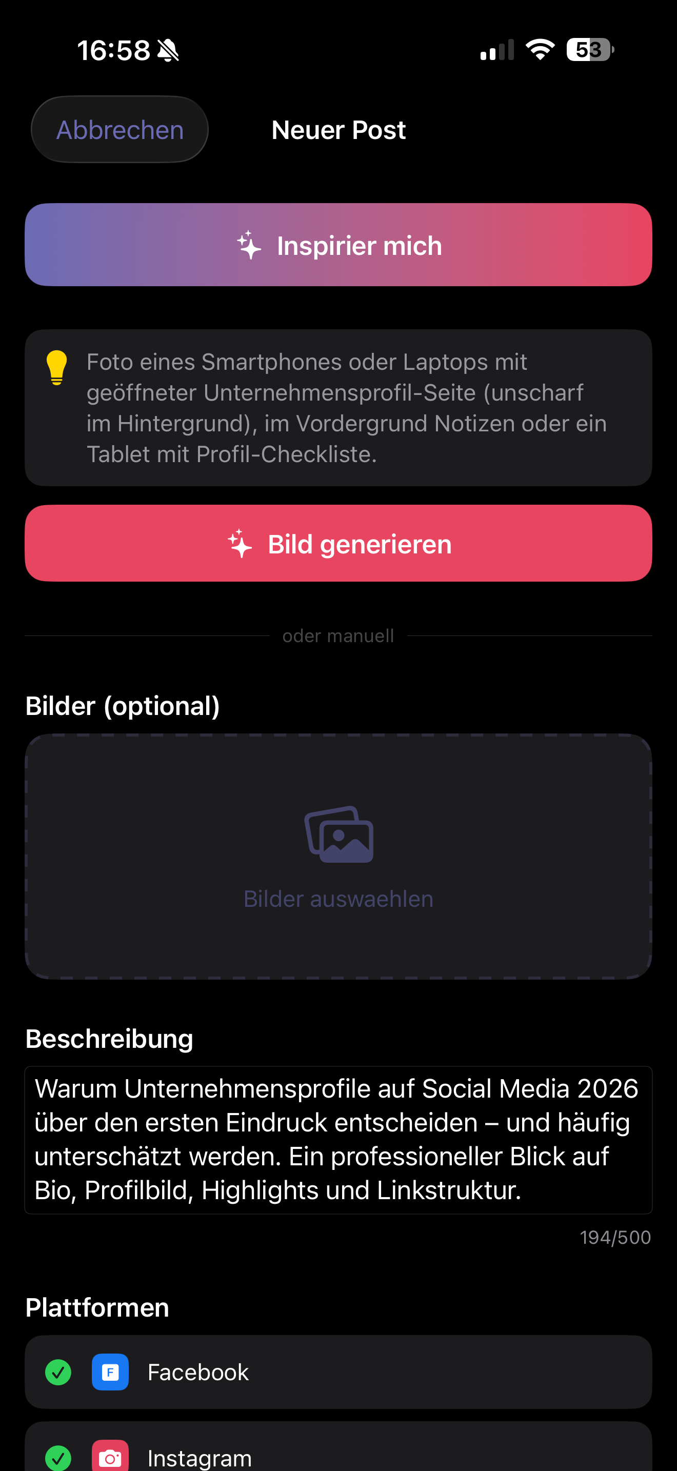 Komplette Post-Erstellung mit Plattformauswahl